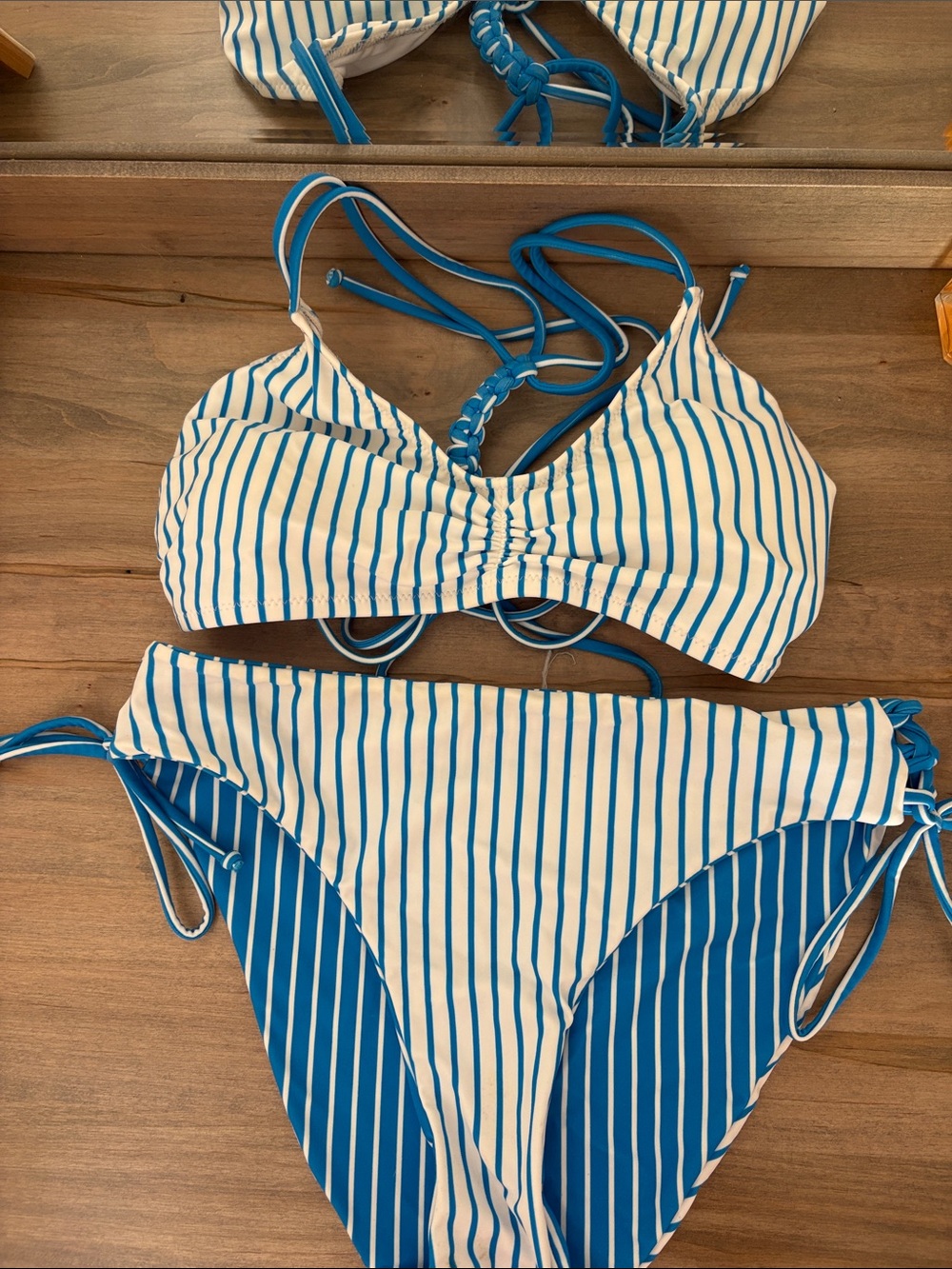 Women's Blue & White Striped Tie-Side Bikini Set